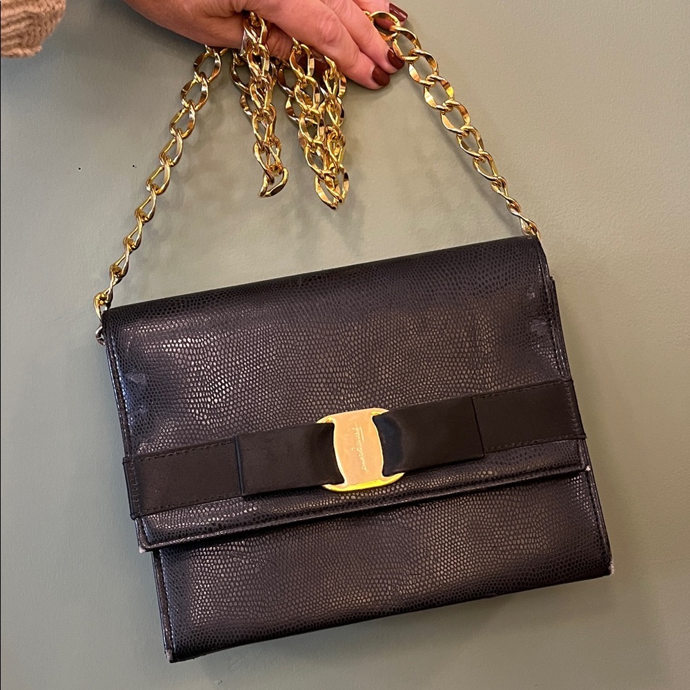 Vintage Salvatore Ferragamo Black Leather Chain Bag
